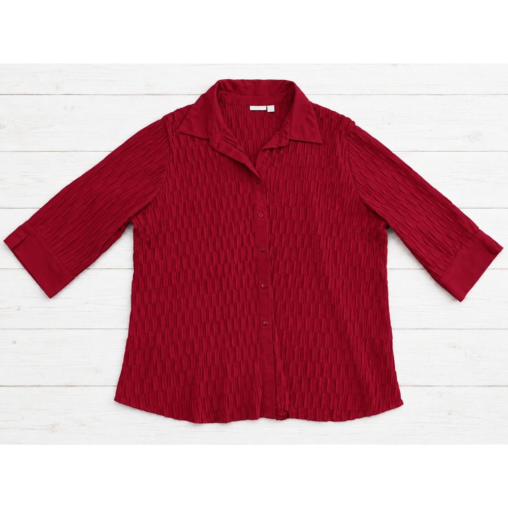 Apt. 9 Woman Red Plissé Crinkle Button Up Blouse Career Casual Plus Size 2X 4382